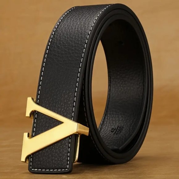 Luxury Unisex Designer Leather Belt with Smooth Alloy V Buckle In Gold Finish - Picture 3 of 4